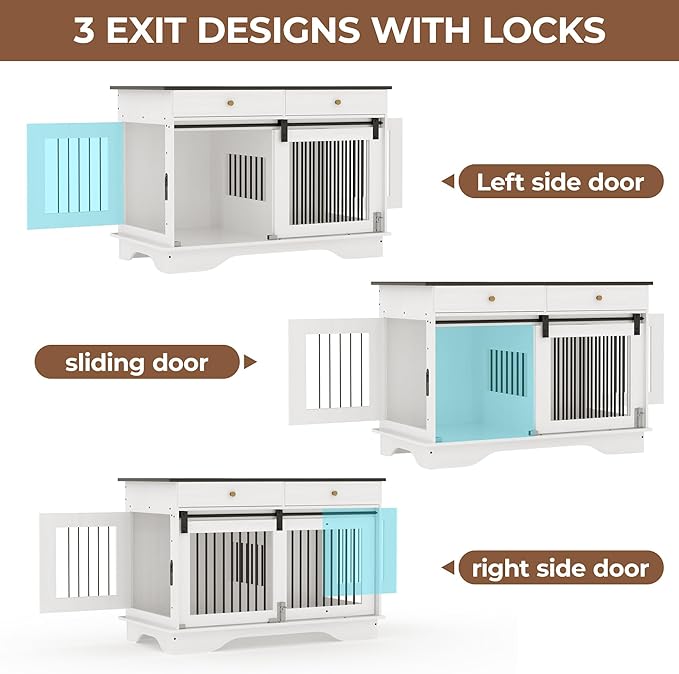 Dog Furniture Crate, 47" Large Dog Crate Furniture w/ 2 Storage Draws & Removable Divider for Large/Medium/Small Dogs (White, Double Cage)-PurrikoPets