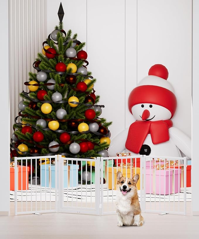 Full Metal Freestanding Dog Gate with Door, 24'' Height Foldable Pet Dog Fence for Indoor & Outdoor, 4 Panels Extra Wide Free Standing SmallDog Gates for Doorways,House,Stairs,Porch,Deck,Yard-PurrikoPets