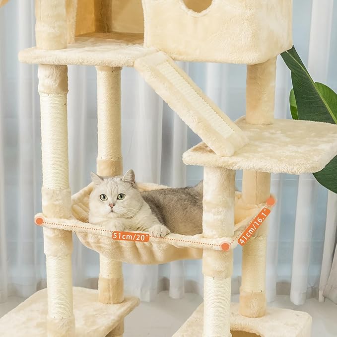 73 inches Large Cat Tree for Indoor Cats, Tall Cat Tower with Sisal Scratching Posts and Pads, Padded Plush Perch, Cozy Basket, Plush Condo for Large Cats (Beige)-PurrikoPets