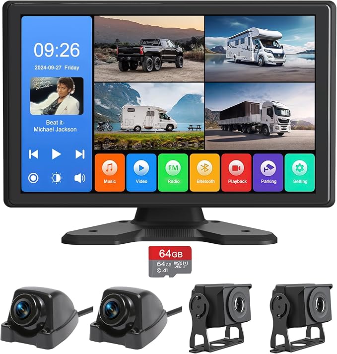 4 Channel Backup Camera System,Touchable 10.26 inch Monitor with DVR Stereo, 64GB Card, IP69 Waterproof, Nightvision 1080P Backup Camera for RV/Truck/Trailer Pickup,Rear Side Front Wired System-PurrikoPets