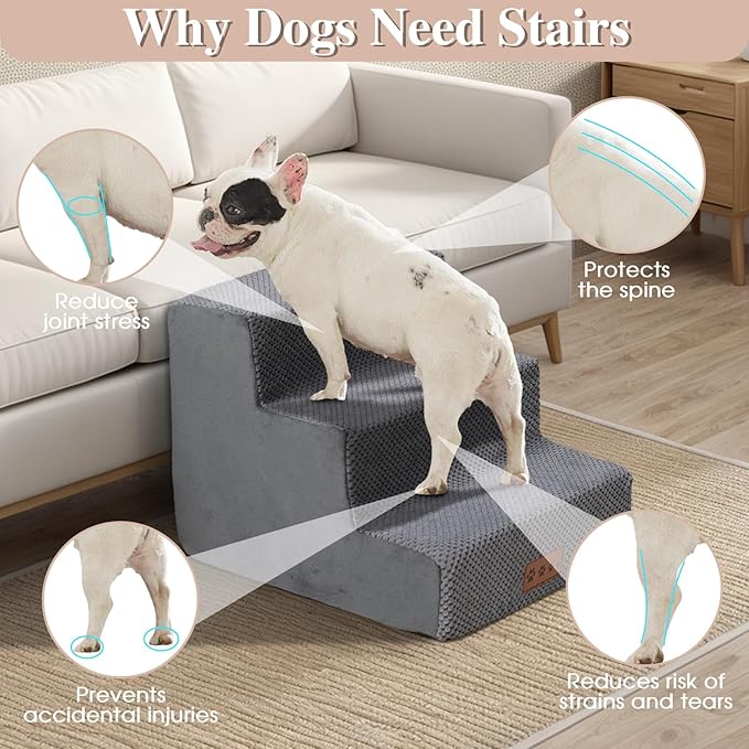 GGIB Dog Stairs for Small Dogs Cats Non-Slip Dog Steps for High Bed Pet Stairs for Sofa Couch Pet Ramp Pet Steps with Removable Washable Cover, Grey, 13" H, 3-Step-PurrikoPets