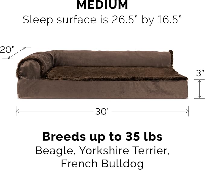 Furhaven Cooling Gel Dog Bed for Medium/Small Dogs w/ Removable Bolsters & Washable Cover, For Dogs Up to 35 lbs - Plush & Velvet L Shaped Chaise - Sable Brown, Medium-PurrikoPets