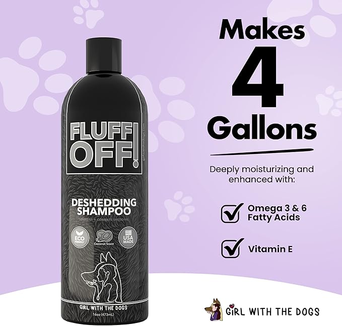 Fluff Off! by Girl With The Dogs, Natural Deshedding Dog & Cat Shampoo, 16 Oz, Made in USA, 8 Wks+-PurrikoPets