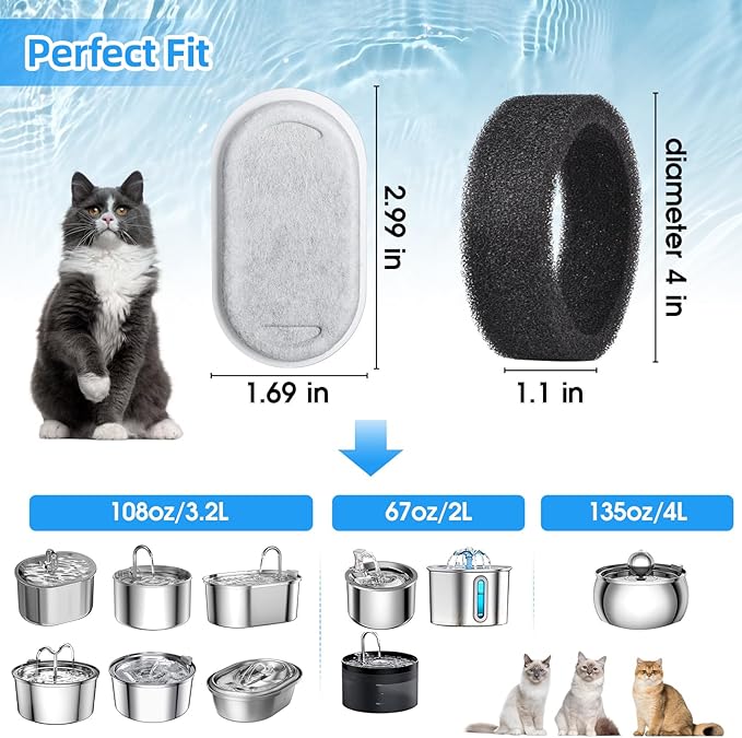 40 Pack Cat Water Fountain Filters-Cat Fountain Replacement Filters for Stainless Steel 108/3.2L& 67oz/2L Adjustable Water Flow Pet Water Fountain(20 Pack Pet Water Filter Refills+20 Pack Sponges)-PurrikoPets