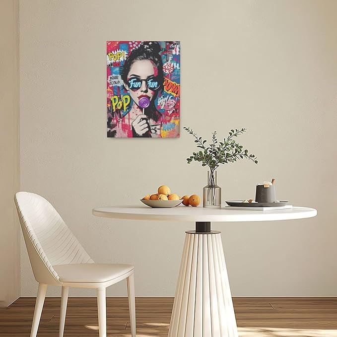 Fashion Women Wall Art Glam Modern Artwork for Girls Banksy Street Graffiti Pop Art Canvas Pictures Painting Print Framed Decorations Gifts for Bedroom Living Room Office 12"x16"-PurrikoPets