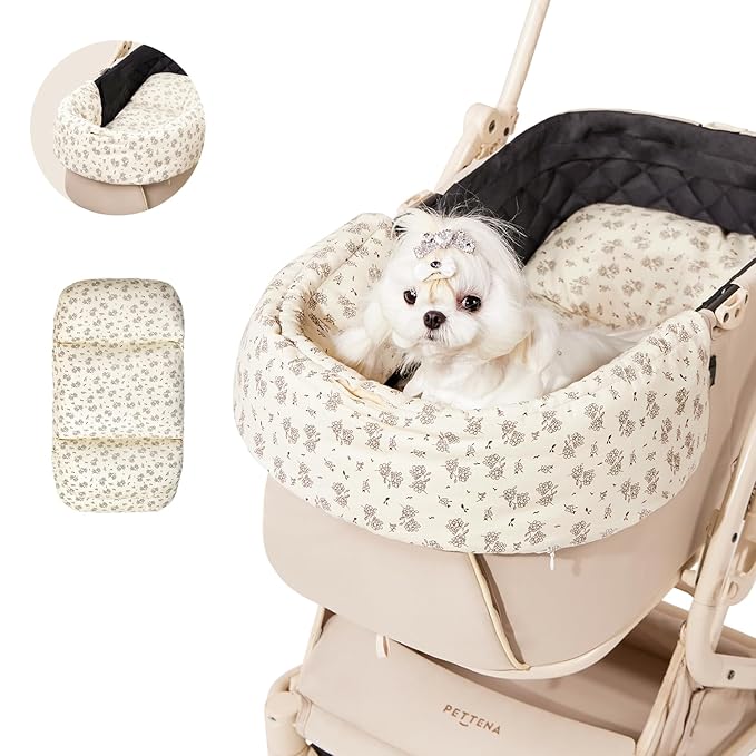 Dog Stroller Cushion & Mat, Pet Stroller Cushion for Dogs & Cats, 5-Level Waterproof & Removable Inner Core, Dog-Ergonomic 3-Zone Support, 4-inch Thickness (Flower Set)-PurrikoPets
