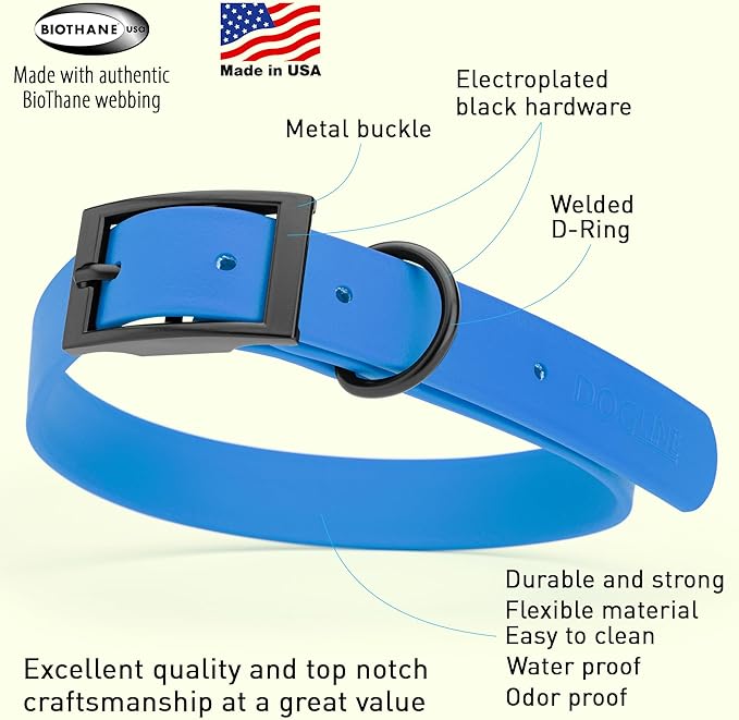 Dogline Biothane Waterproof Dog Collar Strong Coated Nylon Webbing with Black Hardware Odor- Proof for Easy Care Easy to Clean High Performance Fits Small Medium or Large Dogs, Cerulean Blue-PurrikoPets