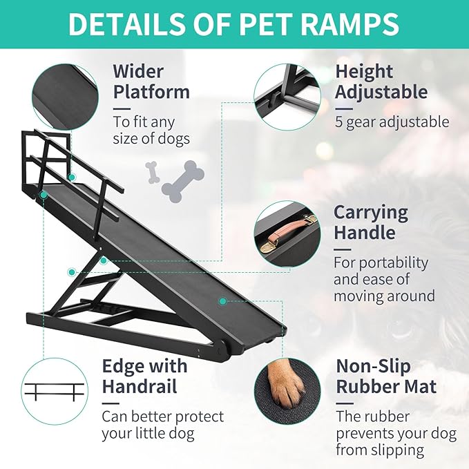 Dog Ramp, 5 Level Adjustable Height Folding Pet Ramp for High Bed, Portable Paw Ramps Large Bed Ramp for Medium & Large Old Dogs & Cats - Natural Wood Furniture Quality-PurrikoPets