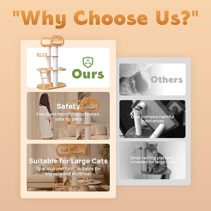 63.6'' Modern Cat Tree Indoor, Solid Wood Cat Tree with Scratching Post for Multi-Cat Families, Tall Cat Tower with Auxiliary Stairs, Huge Condo for Large Cats-PurrikoPets