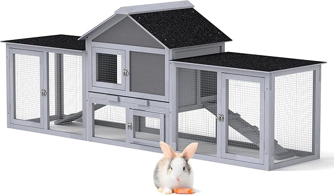 82.5” Large Wooden Rabbit Hutch Outdoor Easy to Assemble Rabbit Cage and Durable Bunny Hutch Indoor with Cleaning Tray & Waterproof Roof for Small and Medium Bunny Rabbit Chick (Grey)-PurrikoPets