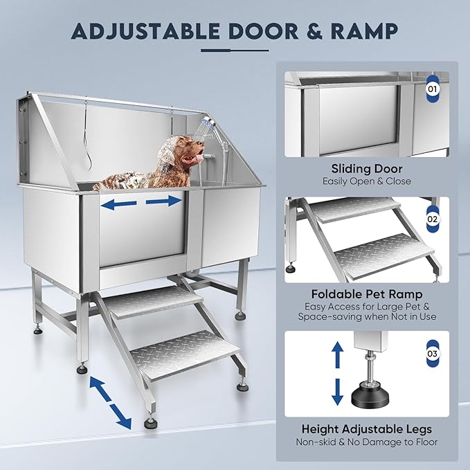 62" Pet Dog Bathing Station,Professional Stainless Steel Dog Grooming Tub,Pet Bathing Tub Dog Bathing Station with Faucet Walk-in Ramp Accessories,Commercial or Household use, (Extra Large)-PurrikoPets