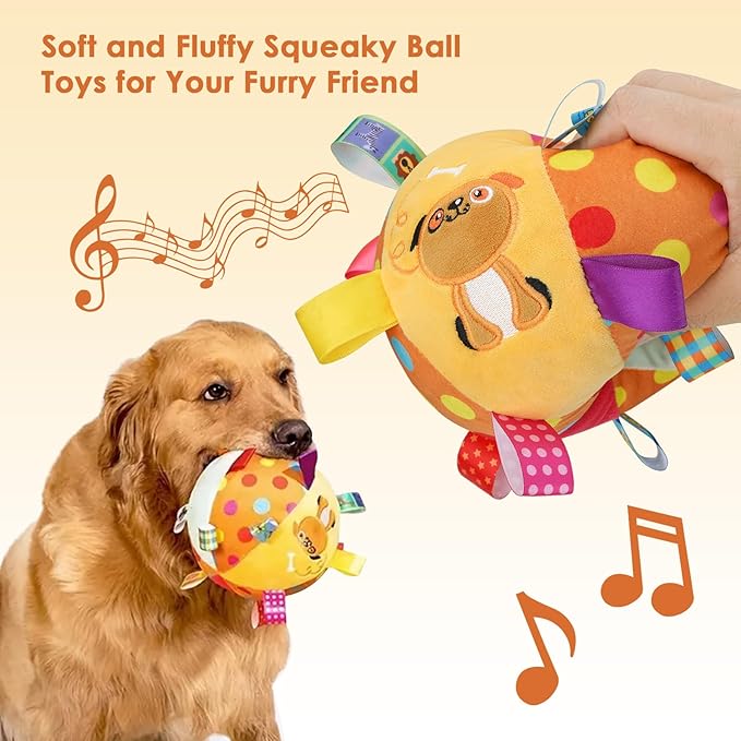 Dog Squeaky Plush Toy with Straps, 6-Inch Soft Stuffed Ball with Cotton Material and Bell Built-in, Pet Interactive Fetch Toy for Small to Large Dog-PurrikoPets