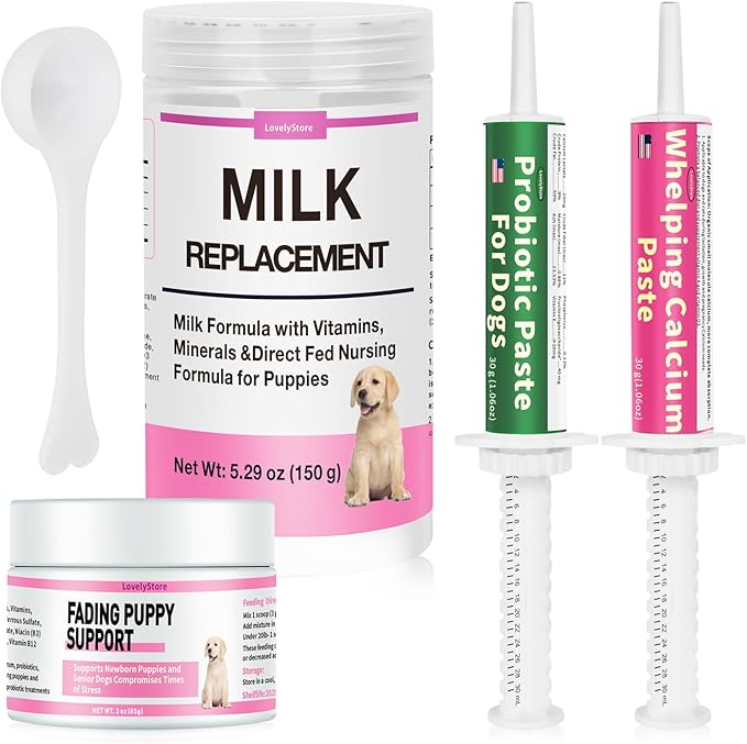 4 in 1 Whelping Kit for Dogs - Whelping Calcium Paste, Probiotic Paste, Fading Puppy Support & Puppy Milk Replacer - Essential Dog Whelping Supplies for Safe Delivery, Strong Puppies & Nursing Support-PurrikoPets