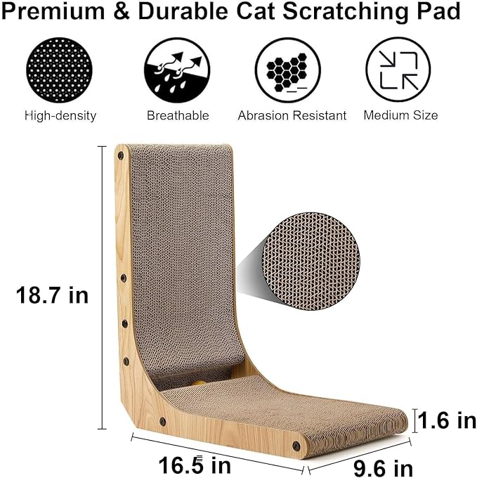 FUKUMARU Cat Scratcher, 18.7 Inch L Shape Cat Scratch Pad Wall Mounted, Cat Scratching Cardboard with Ball Toy for Indoor Cats-PurrikoPets