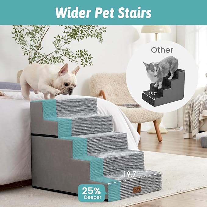 Dog Stairs for Small Dogs, 5 Tier Removable Wider Pet Stairs for Couch and Bed, 23.6" H Non-Slip Dog Steps for Puppies and Old Cats with Support Board, 29.5x19.7x23.6 inch, Grey-PurrikoPets