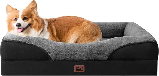 EHEYCIGA Memory Foam Dog Bed for Medium Size, Orthopedic Dog Sofa with Sides and Waterproof Liner, Washable Bolster Pet Couch with Removable Cover, 35x22x6.5 Inch, Grey/Black-PurrikoPets