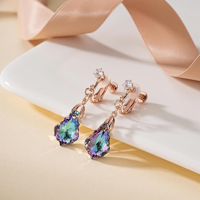 Austrian Crystal Baroque Drop Clip On Dangle Earrings for Women Non Pierced 14K Rose Gold Plated Hypoallergenic Jewelry