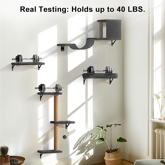 FUKUMARU Cat Wall Shelves, Stable & Safe 4 in 1 Cat Furniture Set, Wooden Climbing Wall with Scratching Post for 16 Inch Drywall - Gray-PurrikoPets