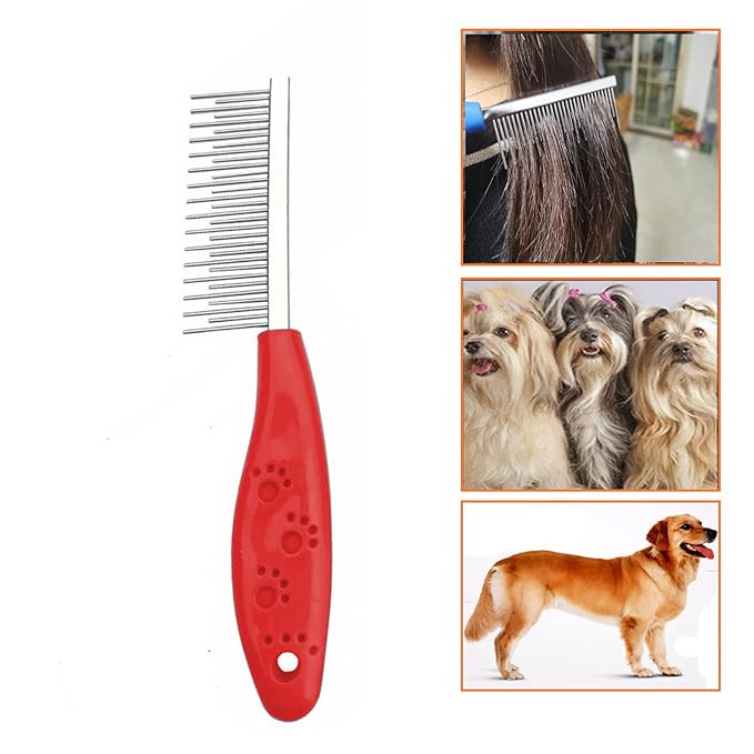 Dog or Cat Comb Grooming with Short and Long Teeth Dematting Knots Tangles Remover Combs Detangler Tool Suitable for Dogs Cats Poodle HorseStainless Steel Pin (Red)-PurrikoPets
