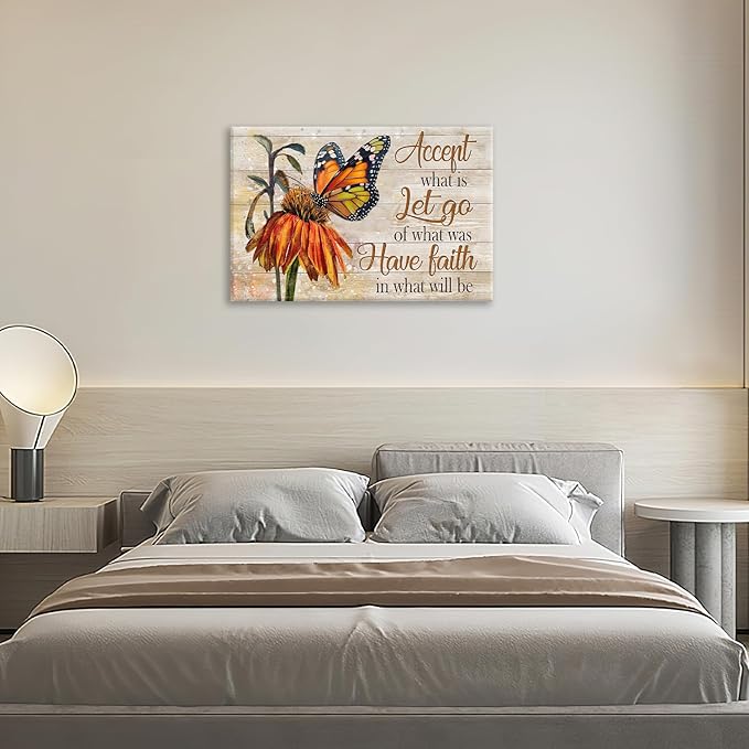 Farmhouse Butterfly Bathroom Pictures Wall Art, Rustic Floral Country Bathroom Wall Decor, Daisy Inspirational Framed Painting Canvas Artwork for Bedroom Living Room Decorations 24"L x 16"W-PurrikoPets