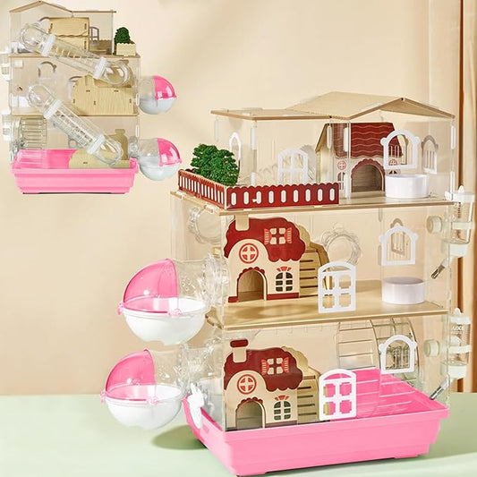 17 in 1 Clear Acrylic Hamster Cage with All Accessories,13.5''L* 10''W* 21''H Dwarf Hamster Cage,Magnetic Connection Small Hamster Enclosure,Garden Style Wooden Mouse Cage for Pet Mice(3-Layer,Pink)-PurrikoPets