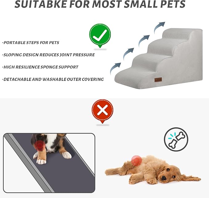 4-Step Dog Stairs and Ramp for Beds or Couches,Non-Slip Sturdy Pet Steps for Small Dogs and Cats,17.4" H,Light Grey-PurrikoPets