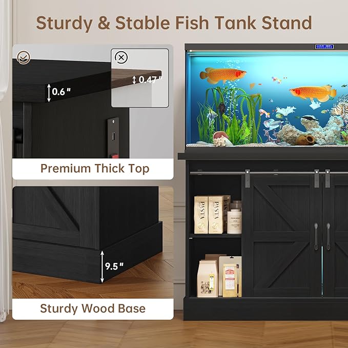 55-75 Gallon Fish Tank Stand with Sliding Barn Doors & Power Outlet, Heavy Duty Aquarium Stand with Cabinet Storage for Fish Tank, Turtle Tank, Reptile Terrarium, 1000LBS Capacity, Black-PurrikoPets