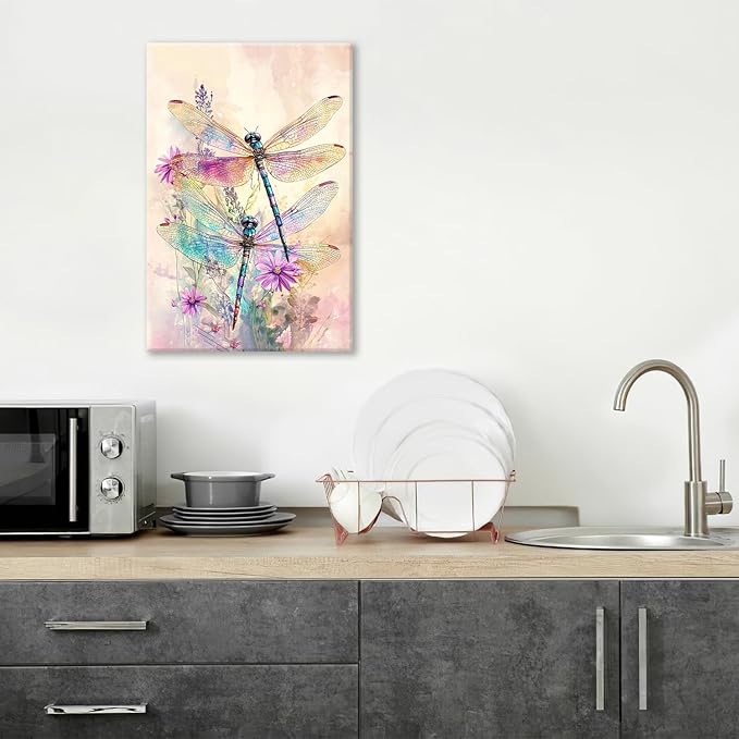 Dragonfly Bathroom Pictures Wall Art, Floral Bathroom Wall Decor, Framed Painting Canvas Artwork for Bedroom Living Room Decorations 24"L x 16"W-PurrikoPets