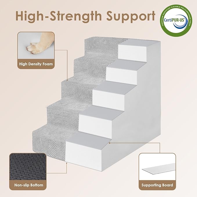EHEYCIGA Dog Stairs for High Bed 25" H, 5-Step Extra Wide Dog Steps for Bed, Pet Steps for Small Dogs and Cats, Non-Slip Balanced Pet Ramp Indoor, Light Grey-PurrikoPets