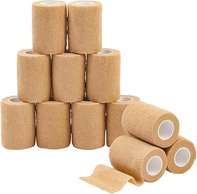 12-Rolls Self Adherent Bandage Wrap, Vet Tape - 3 in x 5 Yds Breathable, Elastic Cohesive Wrap Tape for Wrist, Swelling, Sports, Tattoo (Tan)-PurrikoPets