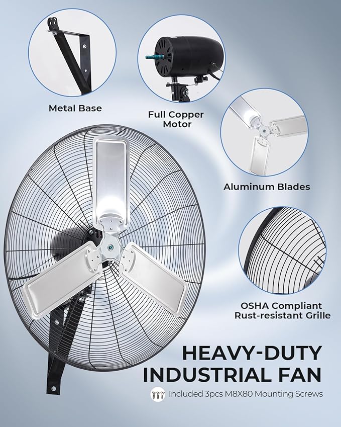 30 inch Wall Mount Fan Oscillating, 3-Speed 8850 CFM High Velocity Industrial Wall Mounted Fan, Heavy Duty Air Circulator for Garage, Shop, Gym, Workshop, Covered Patio - UL Listed-PurrikoPets