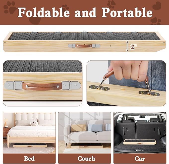 Dog Ramp for Couch, Wooden Pet Ramps 39.37" Long Adjustable 11"-20.47" Folding Puppy Ramps with High Traction Mat, Dog Stairs for Small & Medium Older Dogs & Cats, up to 150lbs-PurrikoPets