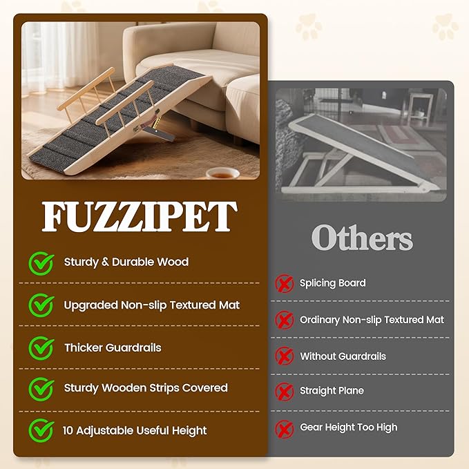 Dog Ramp for Bed Couch, Pet Ramp for Small Medium Old Dogs Cats with 10 Adjustable Heights from 5.91" to 19.69", 47" Long Portable Non-Slip Dog Bed Ramp for High Bed, Couch, Hold up to 200 LBS-PurrikoPets