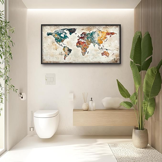 Extra Large Framed World Map Wall Art,Oversized Colorful Vintage Nautical Map Wall Decor Pictures for Living Room,Canvas Print Painting Modern Artwork Office Bedroom Home Decor 60L x30W-PurrikoPets