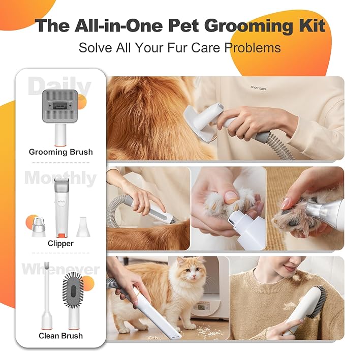 Afloia 6-in-1 Dog Grooming Kit, Pet Grooming Vacuum for Shedding, Dog Hair Vacuum with Clipper Nail Trimmer Grinder, Pet Brush Groomer at Home, Low Noise Cats Hair Remover, 1.5L Dust Cup, White-PurrikoPets