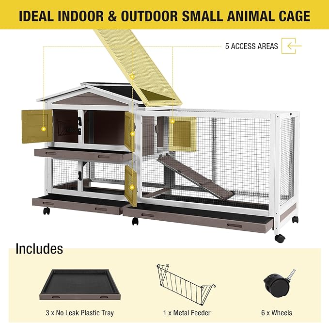 Aivituvin Rabbit Hutch 62" Rabbit Cage Indoor Outdoor Chicken Coop Guinea Pig Cage on Wheels Bunny Cage with 3 Deep No Leakage Pull Out Tray,Waterproof Roof (Brown)-PurrikoPets