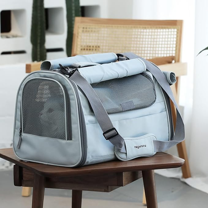 FUKUMARU Cat Carrier, Soft-Sided Small Dog Carrier, Large Cat Travel Bag with 4 Mesh Windows, Under 15 lb Airline Approved Pet Carrier with 4 Storage Pockets, Rollable Cover for Nervous Cats, Grey-PurrikoPets