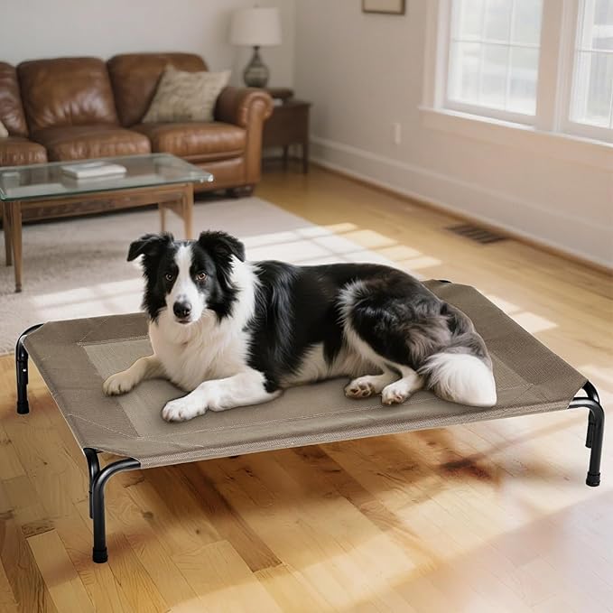 Elevated Dog Bed Outdoor, Medium Raised Cooling Dogs Cot, Lifted Pet Beds with Durable Breathable Teslin Mesh, Pet's Hammock with Non-Slip Feet, 35 inch Brown-PurrikoPets