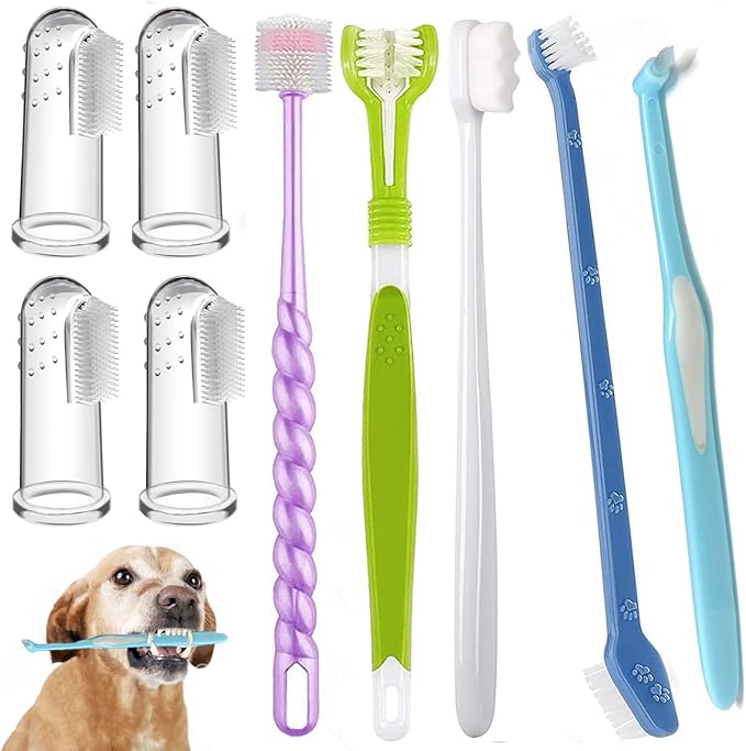 Dog Toothbrush, Finger Toothbrushes, 360 Degree Toothbrush, Triple Head Dog Toothbrushes, Double Head Toothbrush,Cleaning Brushes for Dog Cat Oral Dental Health (Blue, L)-PurrikoPets