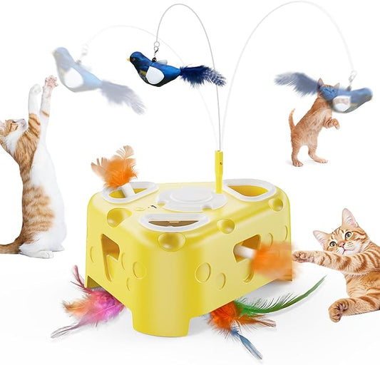 3-in-1 Interactive Cat Toy for Indoor Cats,Automatic Kitten Toys,Flying Bird,6 Holes Mole,Rotating Feather, USB Rechargeable Electronic Interactive Feather Toy for Bored Adult & Kitten Cats-PurrikoPets