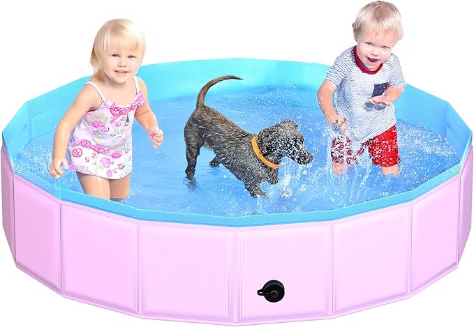 2025 Updated Foldable Dog Pool, 63" x 12" Kiddie Pool with Hard Plastic, Non-Slip Dog Bath Tub for Outdoor Backyard, Collapsible Dog Swimming Pool for Kids Dogs Pets (Pink)-PurrikoPets