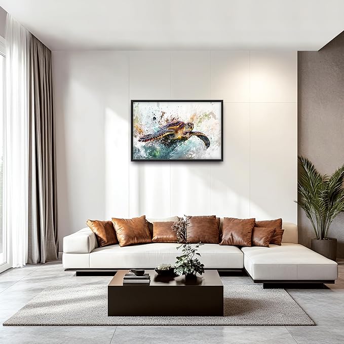 Extra Large Framed Sea Turtle Wall Art,Oversized Abstract Colorful Sea Nautical Wall Decor Pictures for Living Room,Canvas Print Painting Modern Artwork Bedroom Office Bathroom Home Decor 36L x24W-PurrikoPets