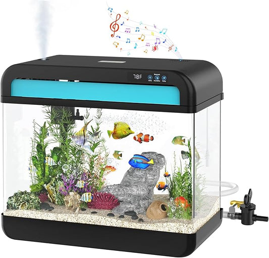 Fish Tank Aquarium 6.3 Gallon Fish Bowl with Music Humidifier 7 Color Auto-Looping Light Adjustable Quiet Pump, Temperature Display, Bottom Water Changer, HD Float Glass, Leak-Proof Thickened Base-PurrikoPets