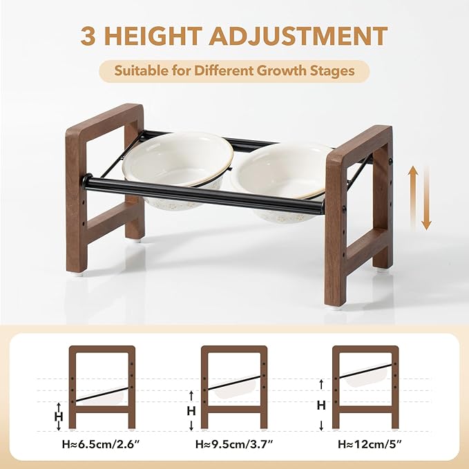 5.5inch Ceramic Adjustable Raised Double Bowls Set with Stand, 3 Heights Elevated, 2 Placement Options,Food and Water Dishes for Puppy, Cats（Double Bowls+Stand, Reactived Glaze -White-PurrikoPets