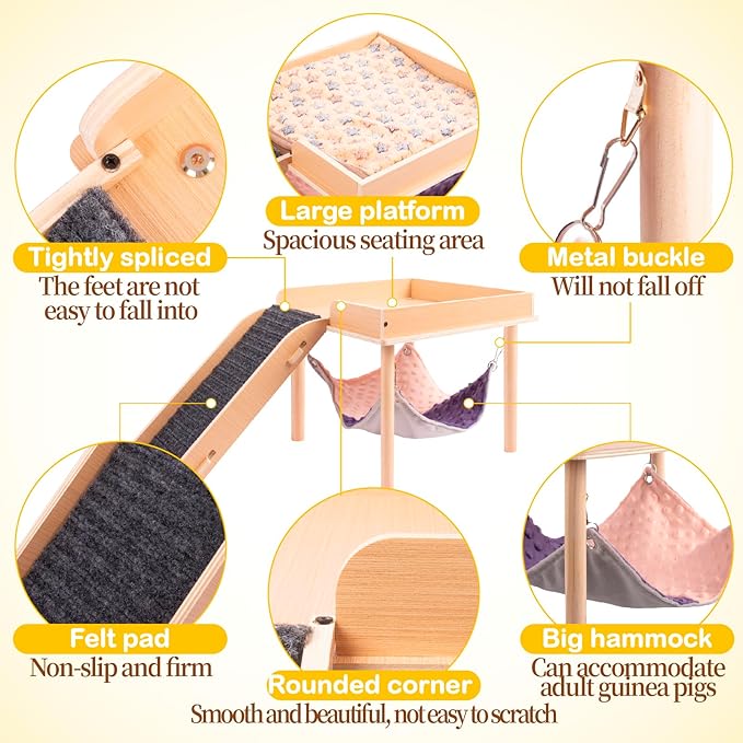 Enlarged Guinea Pig Hammock with Platform and Stairs,Wooden Small Animal Hideout for Guinea Pigs Bunny Ferret Hamster Hiding Sleeping Activities(Single)-PurrikoPets