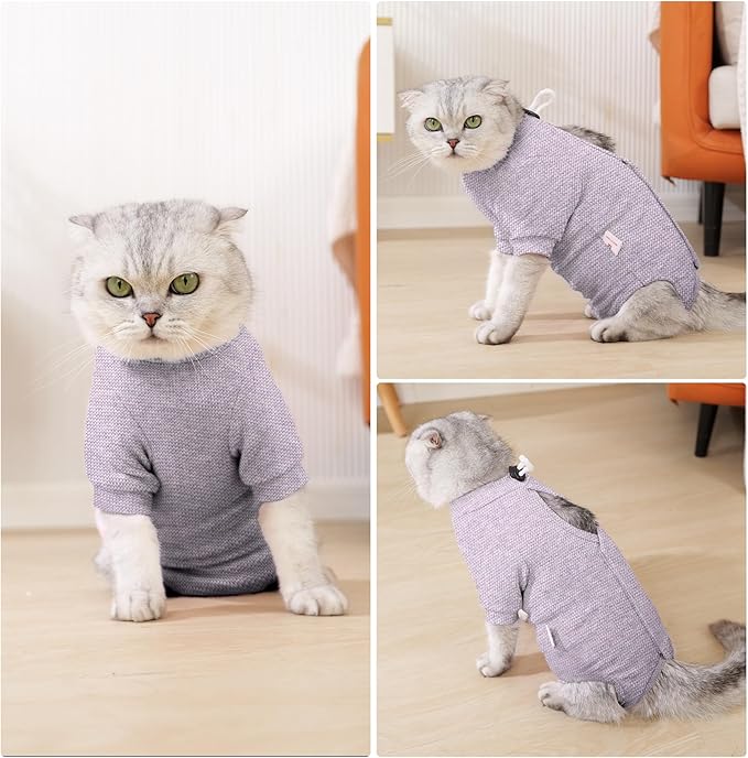 Dotoner Cat Surgery Recovery Suit for Female Male Anti-Licking Pet Surgical Pajamas Long Sleeve Prevent Shedding Cat Spay Recovery Suit&E Collar Alternative Bodysuit for Cats-PurrikoPets