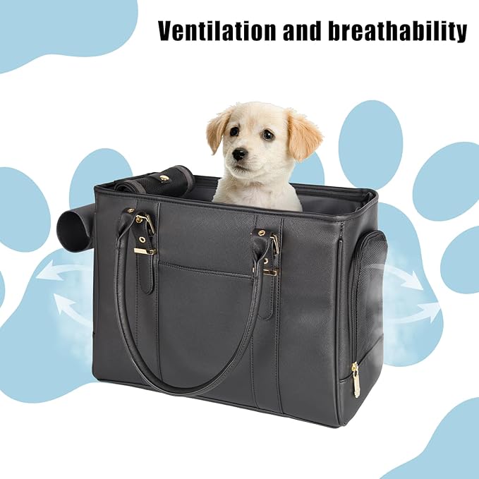 Fashion Pet Carrier Dog Purse Cat Bag Soft-Sided Carriers Travel Airline Approved, Stylish Leather Tote Handbag for Small Animal Puppy Kitten (Black)-PurrikoPets