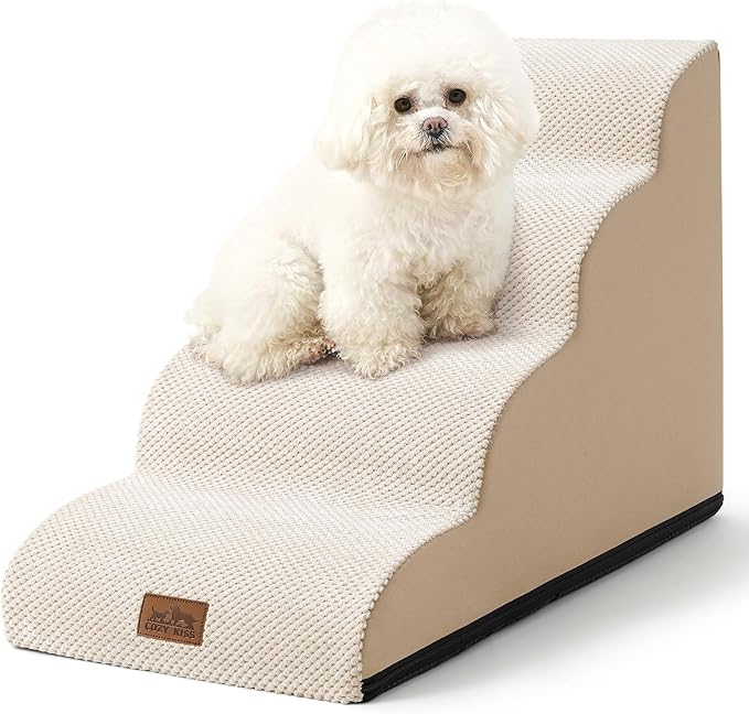 Dog Stairs for Small Dogs 19.7" H, Curved Dog Step for Puppy, Older or Cat, Medium Pet Ramp for Sofa, Couch or Bed, Ladder with High Density Foam, 15.7x28.3x19.7 inch, 4 Step, Beige-PurrikoPets