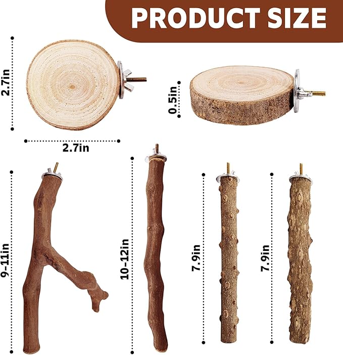 7-Piece Bird Perch Set: 3 Grapevine Paw Grinding Forks, 2 Wood Stands & 2 Hammocks - Cage Accessories for Parakeets, Cockatiels, Conures, Budgies-PurrikoPets