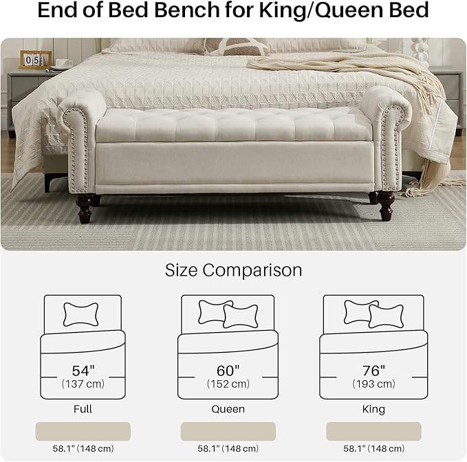 58.1'' Storage Bench Upholstered Linen End of Bedroom Bed Bench Ottoman with Tufted Cushioned Rolled Arm Large Storage Space for Reading Living Room Entryway, Beige-PurrikoPets